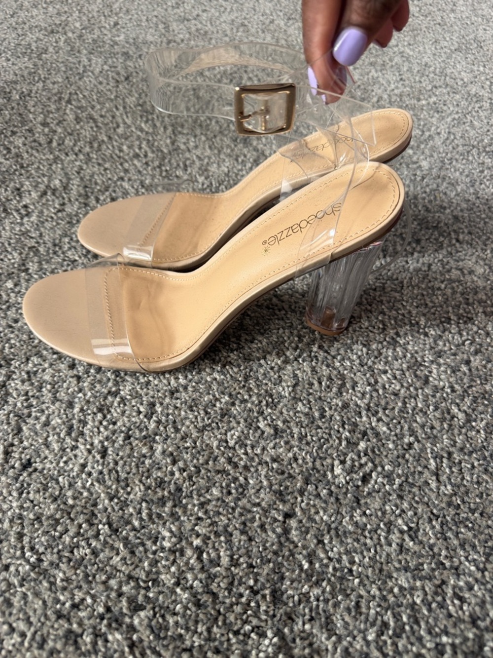 Shoe Dazzle Nude Clear Strap Block Heel Sandals
